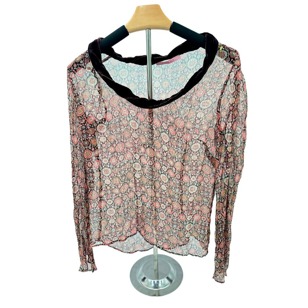 Gianni Bini Sheer Mesh Medallion Print Top Velvet Trim Red Black Long Sleeve L